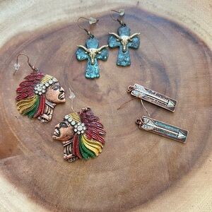 Artisan Tribal Earrings Set - Gold, Green, Red